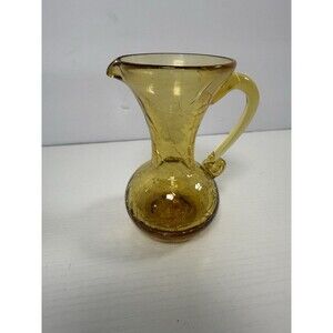 Vintage Amber Crackle Glass 4.5” Pitcher or Vase Hand Blown w/ Applied Handle